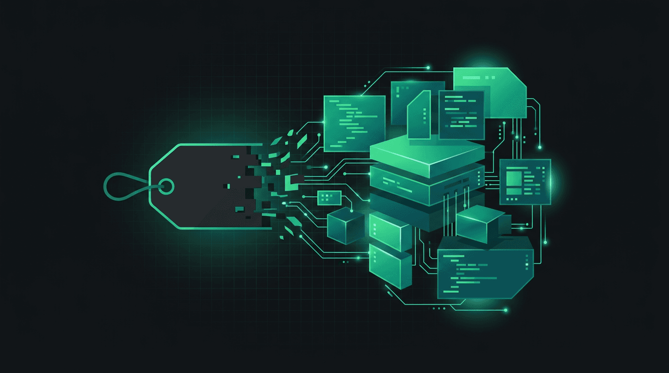 Ilustración técnica de una etiqueta de precio transformándose en bloques de software, representando el coste de una app a medida