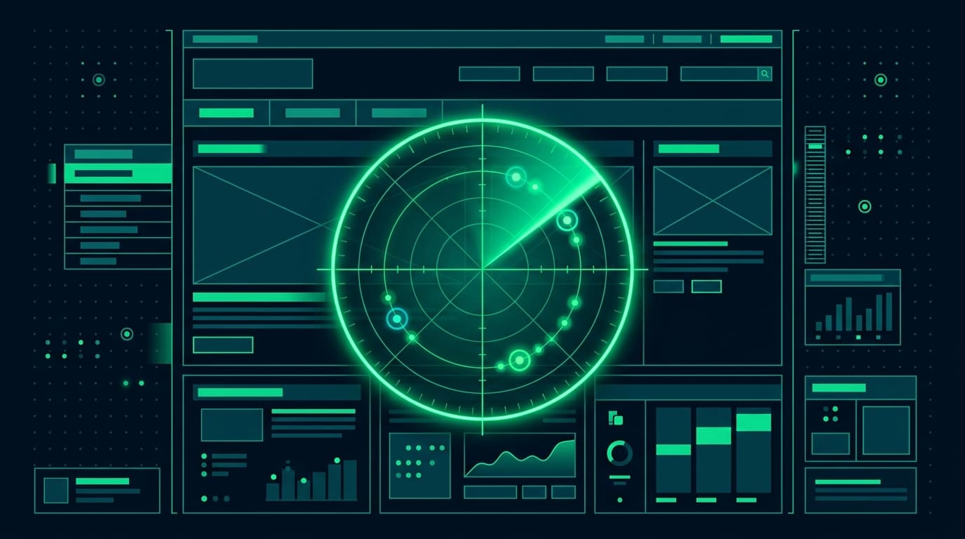 Ilustración de un haz de escaneo tipo radar recorriendo el wireframe de una web y revelando marcadores de fallos