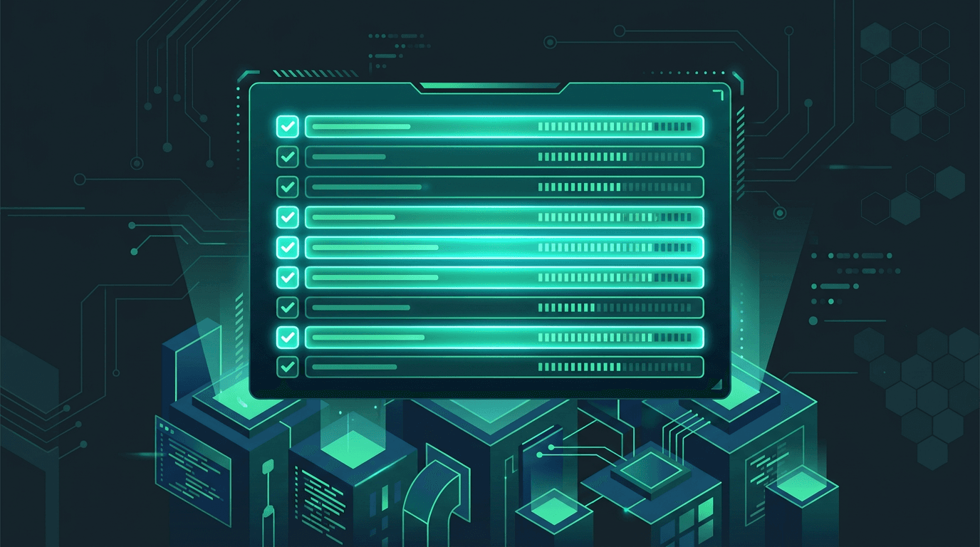 Ilustración de un panel de checklist brillante flotando sobre bloques geométricos que representan un proyecto de software