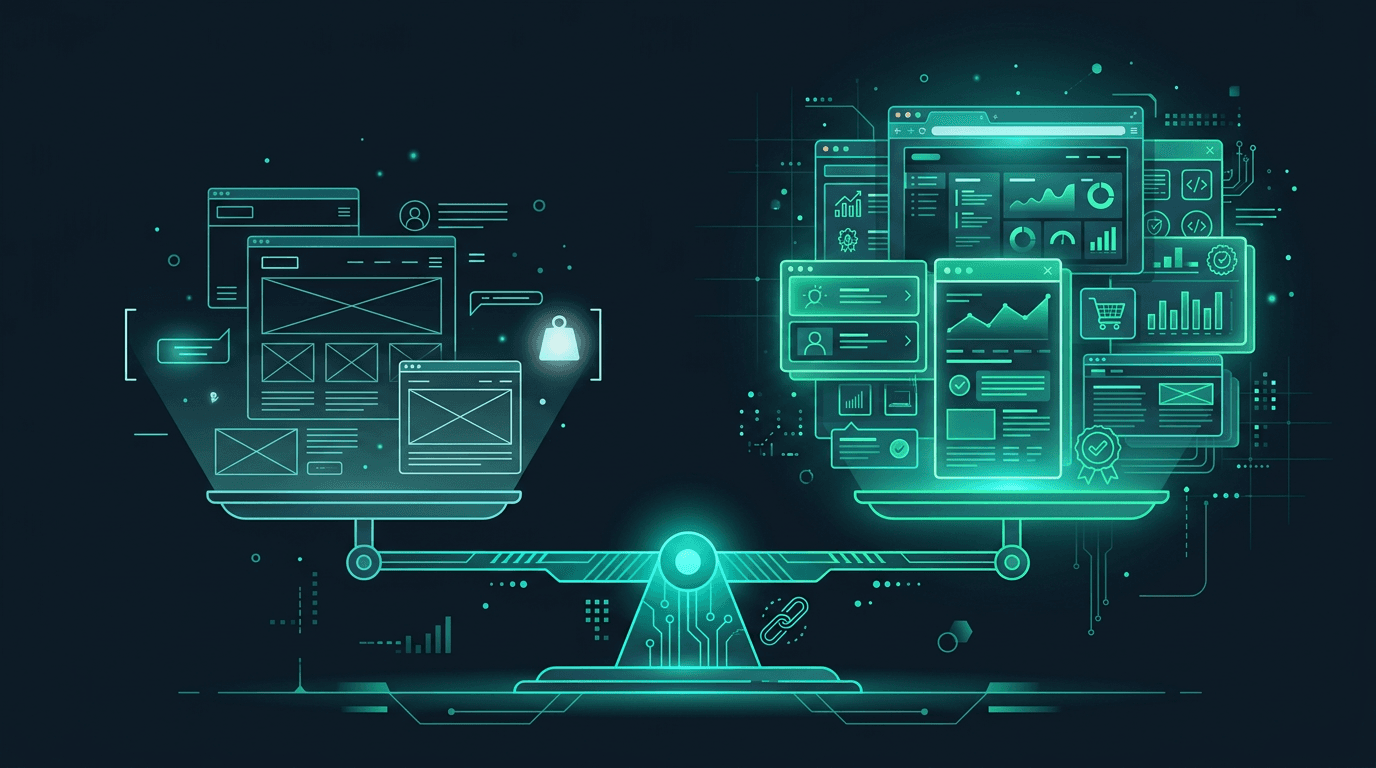 Ilustración técnica de una balanza formada por bloques de interfaz web, representando el equilibrio entre precio y valor de una página web profesional