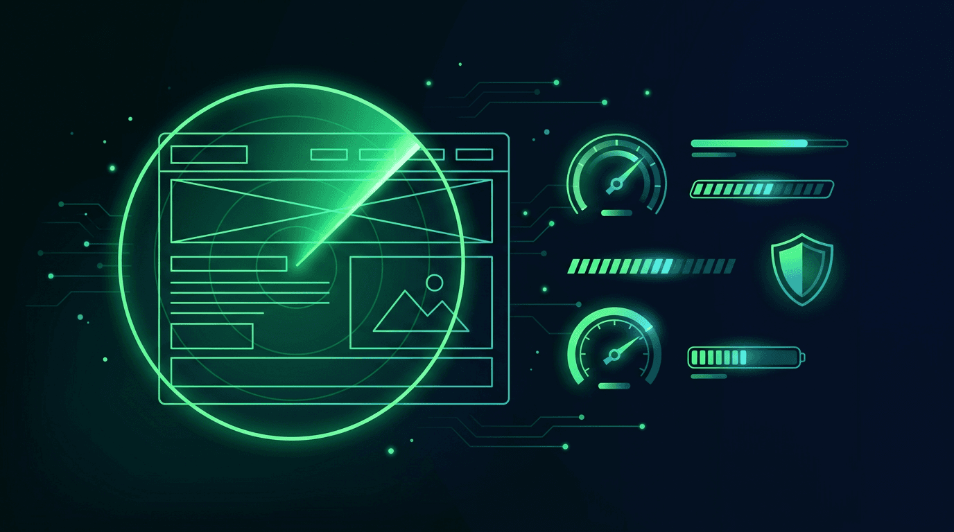 Ilustración de un panel de diagnóstico web con indicadores de velocidad, seguridad y SEO