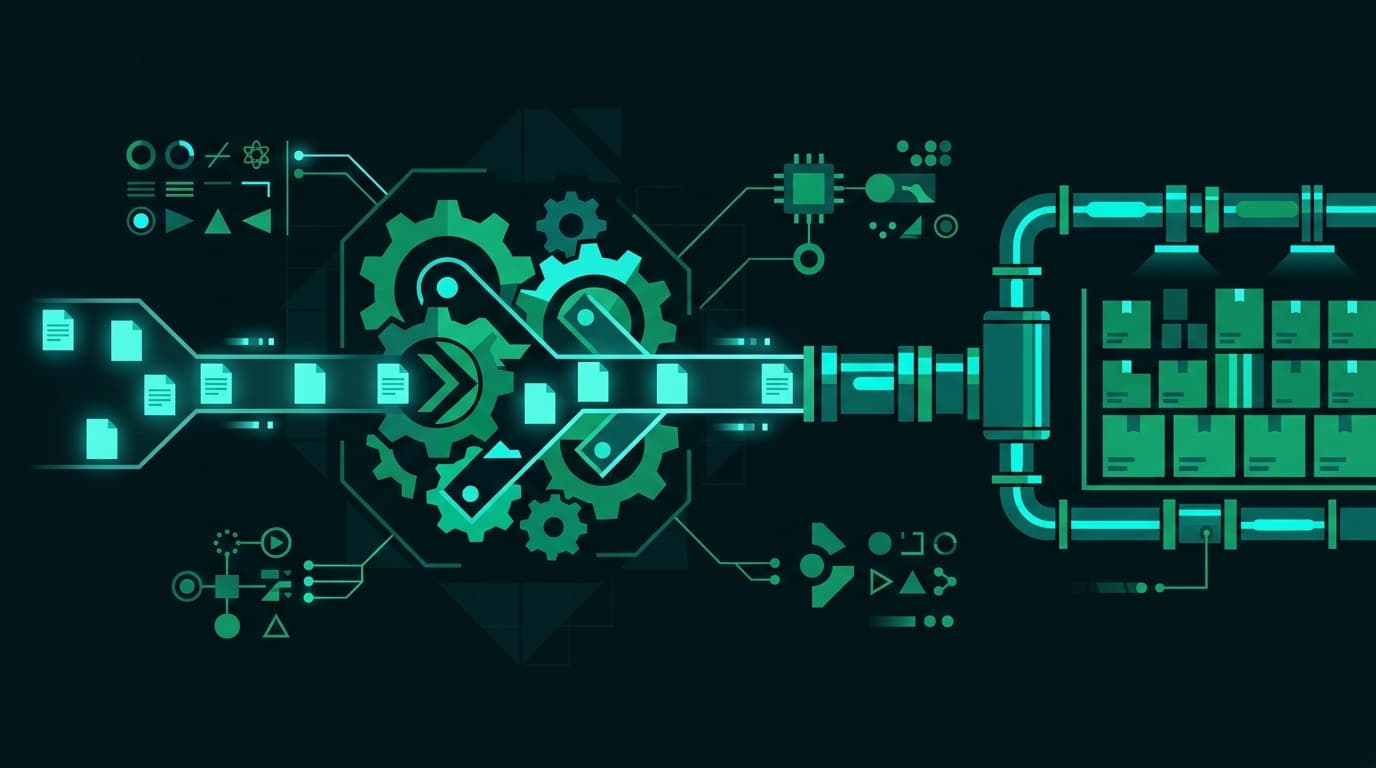 Ilustración técnica de engranajes conectando flujos de documentos digitales, representando la automatización de procesos en una pyme
