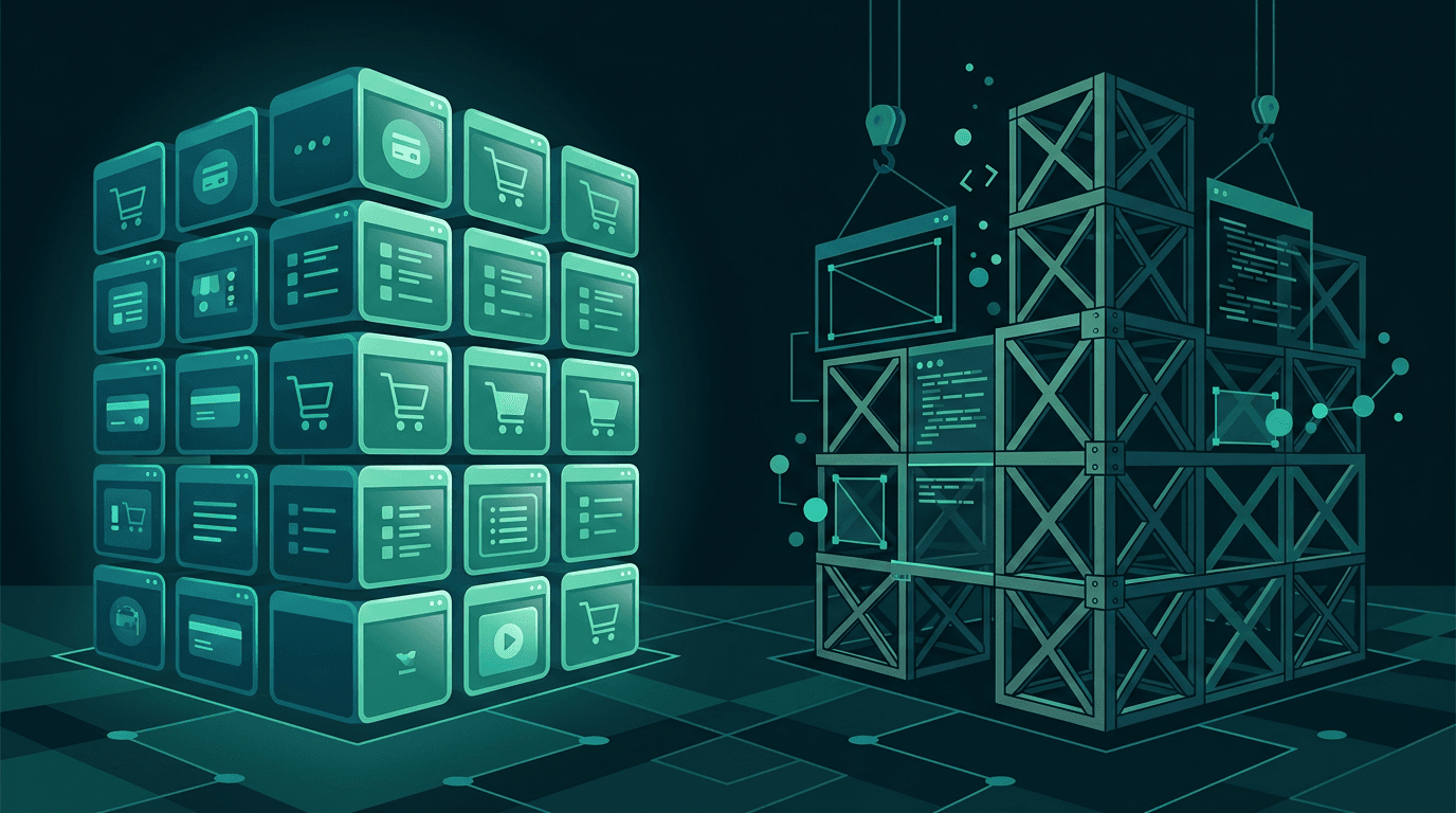 Ilustración de dos escaparates digitales enfrentados, uno prefabricado y luminoso, otro en construcción con estructuras a medida