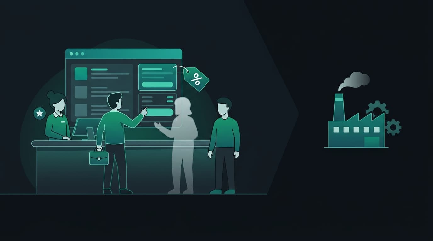 Esquema de un portal B2B: tres roles de tienda (superusuario, manager y dependiente) operan pedidos en nombre del cliente final con descuentos personalizados