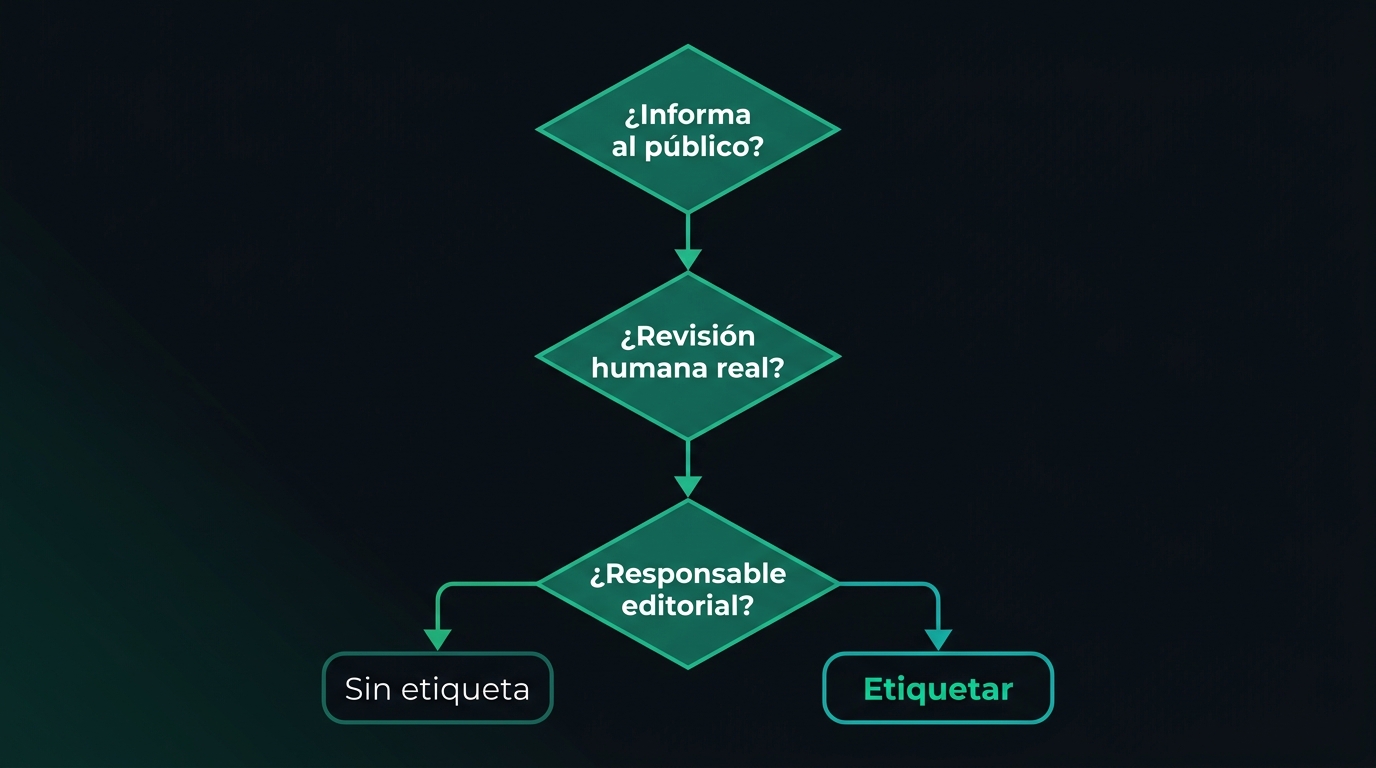 Árbol de decisión del artículo 50.4: informar al público, revisión humana real y responsable editorial identificable determinan si el contenido necesita etiqueta