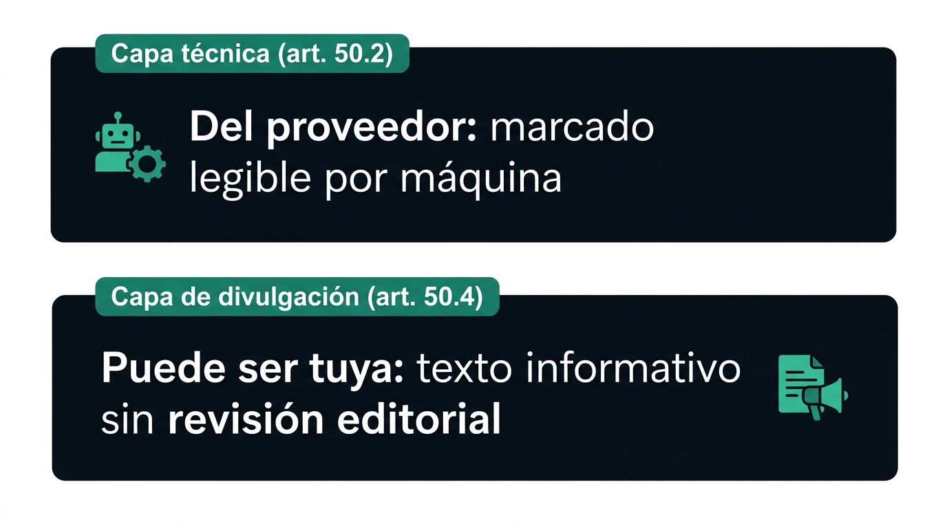 Las dos capas del artículo 50: la técnica (50.2) es del proveedor de IA, la de divulgación (50.4) puede recaer en tu empresa