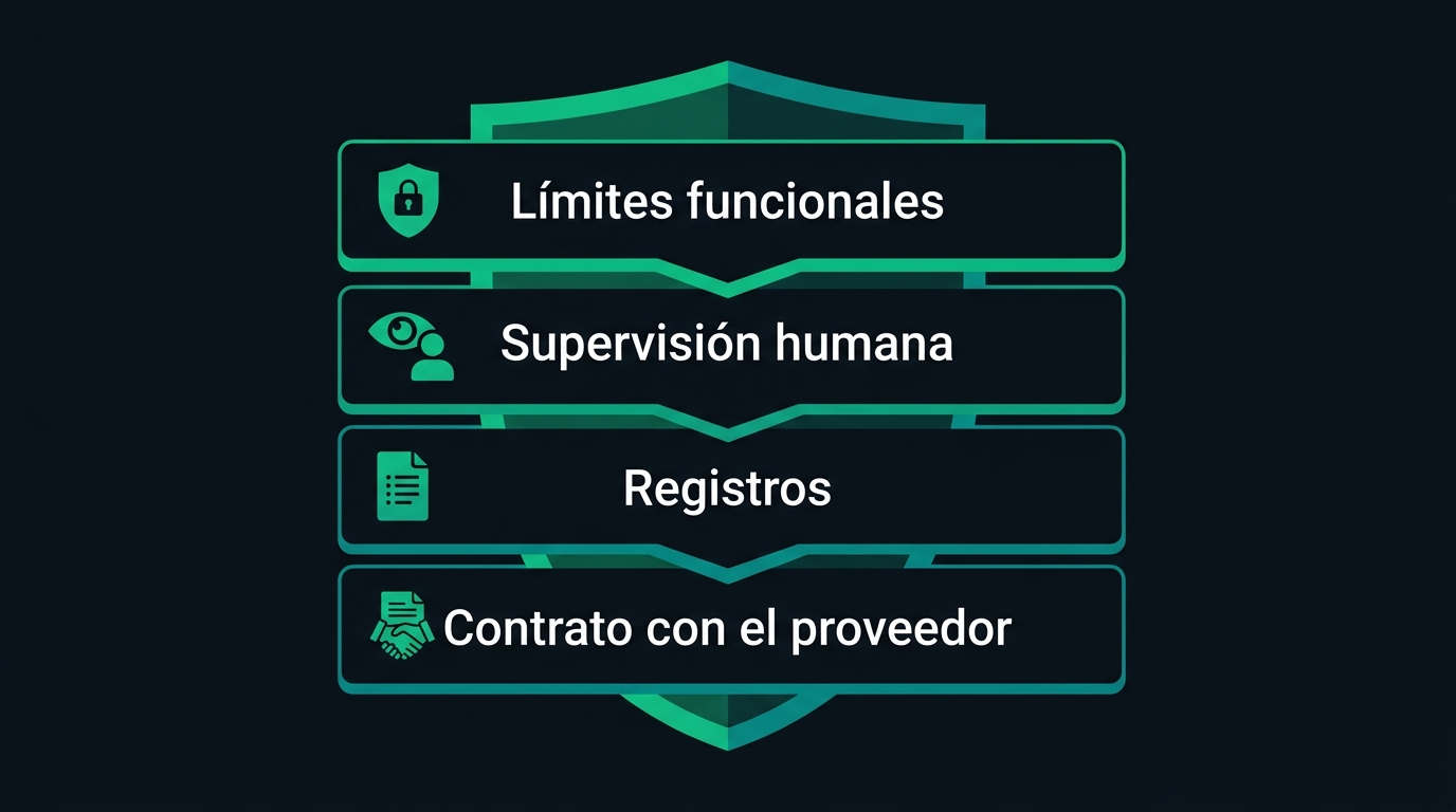 Las 4 capas de protección: límites funcionales, supervisión humana, registros y contrato con el proveedor, en orden de importancia